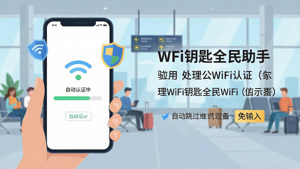 主体:WiFi钥匙全民助手应用处理公共WiFi认证的示意图,显示手机自动跳过的验证页面。布局:左侧为手机屏幕,右侧为处理流程文字说明,背景为机场候机厅。排版:手机屏幕中有“自动认证中”进度条,文字说明简洁。风格:科技感扁平插画风格。细节:手机上有WiFi信号和盾牌图标,右侧有“免输入”标识。画质:清晰矢量渲染,干净无多余元素。