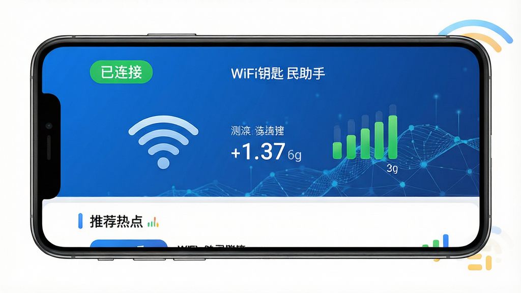 主体:WiFi钥匙全民助手应用界面,显示连接成功的状态栏和信号强度。布局:手机屏幕横屏展示,界面分为上下两部分,上为网络信息,下为推荐热点。排版:顶部有“已连接”绿色标签,中部为测速数据。风格:简洁科技感,蓝色主调。细节:WiFi图标清晰,信号满格,背景为抽象网络波纹。画质:高清渲染,干净无多余元素。