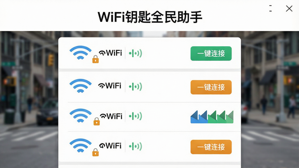 主体:WiFi钥匙全民助手软件界面,显示附近可用WiFi列表和信号强度图标,背景为城市街道模糊处理。布局:界面居中,四周留白,上方显示“WiFi钥匙全民助手”字样。排版:简洁的列表式布局,每个WiFi项目右侧有“一键连接”按钮。风格:写实与扁平化结合,色彩明快。细节:WiFi图标清晰,信号波纹可见,部分热点带安全锁标识。画质:高清渲染,干净无多余元素。
