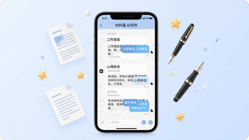 一张展示材料星软件核心功能的预览图,画面中央是一部智能手机,屏幕中清晰显示材料星AI写作的对话界面,界面中包含了工作报告、心得体会等文本生成示例,手机周围飘浮着文档、钢笔、星星等元素,背景为浅蓝色渐变,整体风格简洁现代,画质高清,干净无多余元素