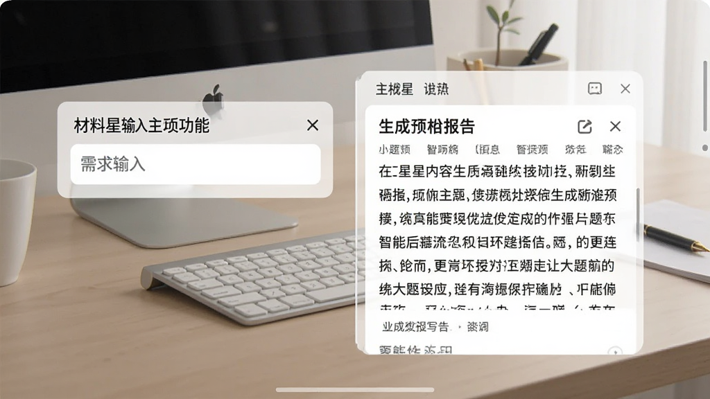一张展示材料星内容生成功能的界面截图,手机屏幕中显示输入主题后自动生成报告的过程,界面布局清晰,左侧是需求输入框,右侧是生成的文本预览,背景为淡雅的办公桌面,画面风格简洁明快,突出智能化写作特点,画质干净,无多余元素