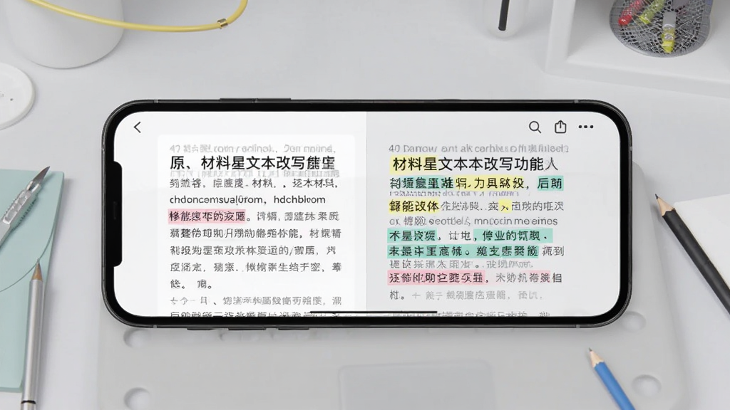 一张展示材料星文本改写功能的手机界面图,手机屏幕显示原文与改写后文本的对比,有高亮标记显示修改部分,界面采用分栏设计,左栏是原文,右栏是改写结果,背景为简约的浅灰色工作台,画质清晰,干净整洁