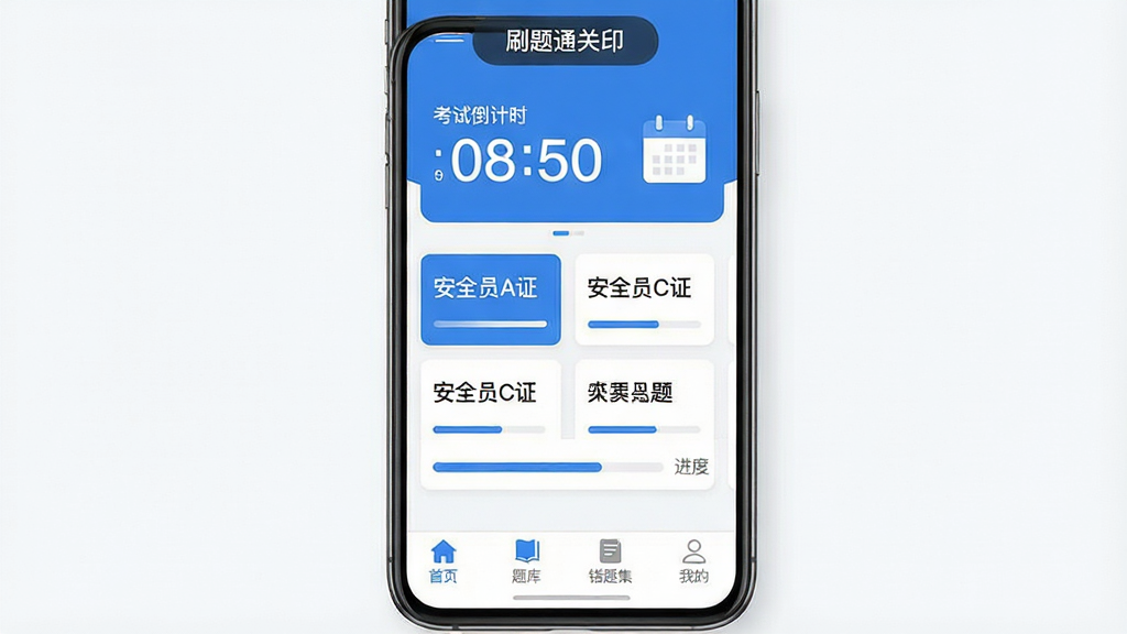 画面主体为一部智能手机屏幕占据画面中央,屏幕内显示“刷题通关印”App主界面,界面顶部有“考试倒计时”数字与日历图标,中部是各类题库分类卡片如“安全员A证”、“安全员C证”等,底部设有“首页”、“题库”、“错题集”、“我的”四个标签栏。整体布局清晰简洁,排版采用扁平化设计风格,主色调为蓝色与白色,细节上突出倒计时数字和进度条,画质高清干净,无多余元素。