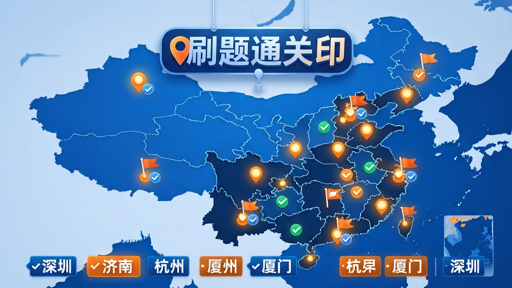 画面主体为一张中国地图,地图上多个省份城市以亮色标记点显示,并配有“刷题通关印”Logo文字悬浮于地图上方,地图下方排列着各城市名称标签如“深圳”、“济南”、“杭州”、“厦门”等。整体布局采用信息图风格,排版规整,主色调为蓝色和橙色,细节上每个标记点有微小旗帜或对勾图标,画质干净清晰,无多余元素。