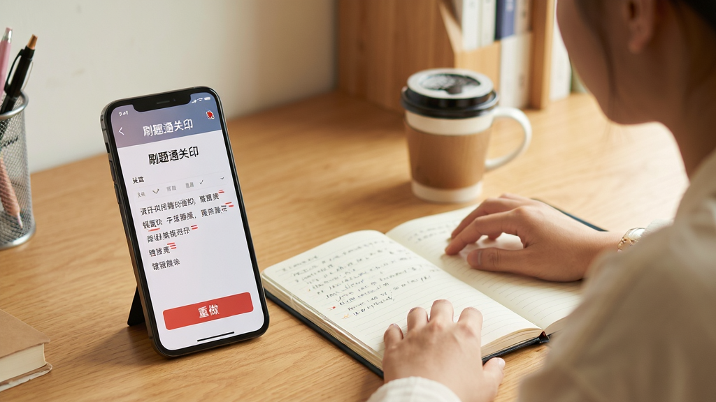 画面主体为一位考生坐在书桌前,桌面摆放手机,屏幕显示“刷题通关印”错题集页面,旁边放着笔记本与咖啡杯,手机屏幕上可见红色错题标记和“重做”按钮。整体布局为生活场景摄影风格,排版自然,色调温暖明亮,细节上手机屏幕内容清晰可见,画质高清干净,无多余元素。