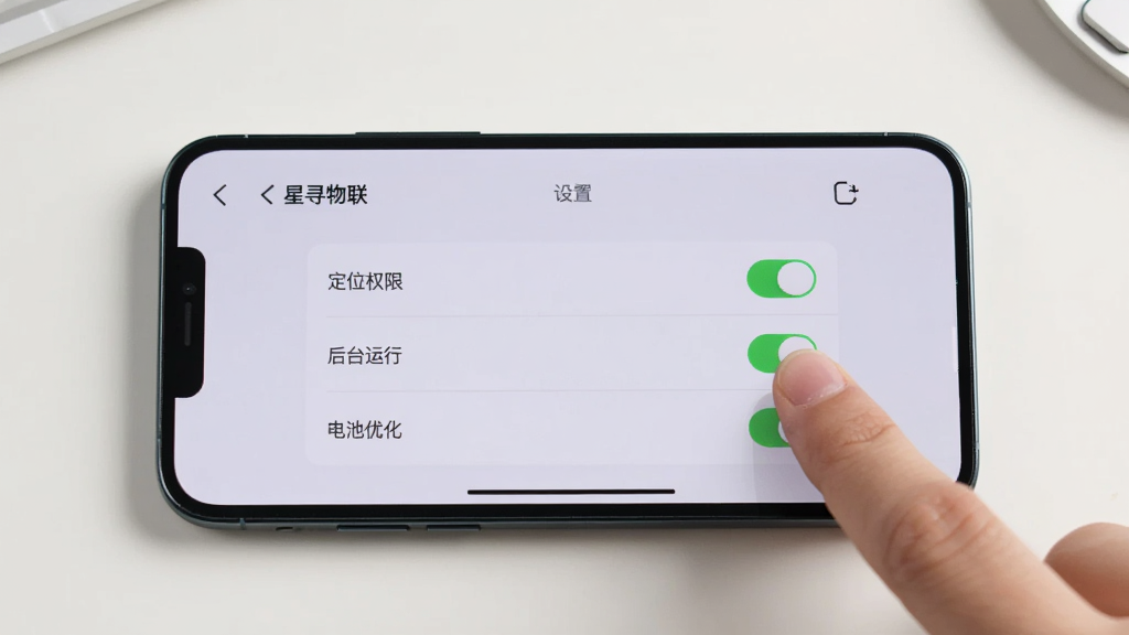 图片主体为一部智能手机横屏显示“星寻物联”APP的设置页面,屏幕上展示“定位权限”、“后台运行”、“电池优化”等多个设置开关,旁边有手指点击开关的动作。背景为简洁的浅色桌面,布局为手机居中,周围留白,风格为写实摄影,光线明亮,细节清晰,画质干净,无多余元素。