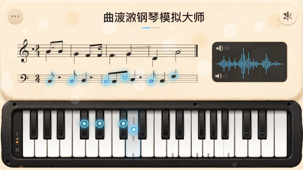 主体为“曲钢琴模拟大师”乐音学习界面,显示五线谱与下方虚拟键盘联动,音符上有发光标记,旁边有音量波形图,背景为柔和米黄色,排版清晰,风格教育温和,细节精致,画质干净,无多余元素
