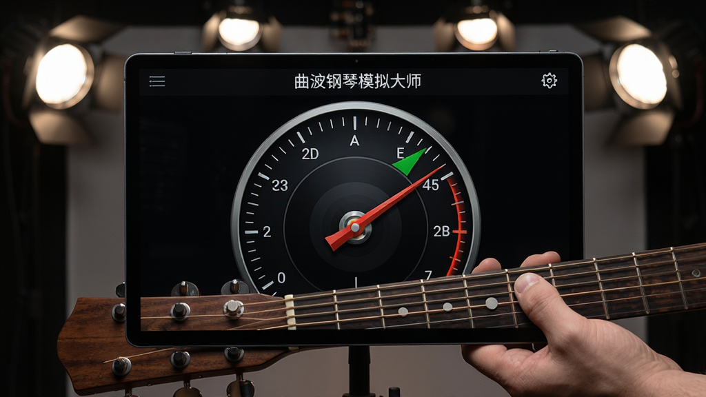 主体为“曲钢琴模拟大师”吉他调音界面,屏幕中央显示一个大大的指针表盘,旁边标有EADGBE琴弦标识,一只手持吉他的局部特写,背景为演播室灯光,构图聚焦,风格专业,细节锐利,画质高清,干净无多余元素