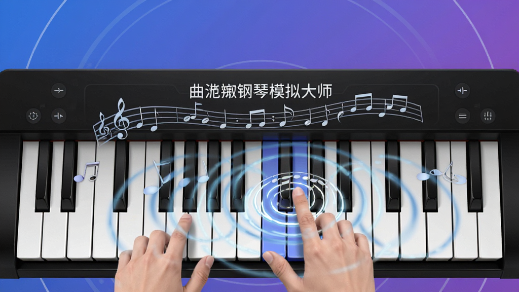 画面中央为“曲钢琴模拟大师”虚拟钢琴键盘界面,黑白琴键清晰可见,手指正在点击琴键,屏幕上出现音乐符号和涟漪光效,背景为渐变蓝紫色,布局简洁大方,风格科技感,细节丰富,画质精细,干净无多余元素