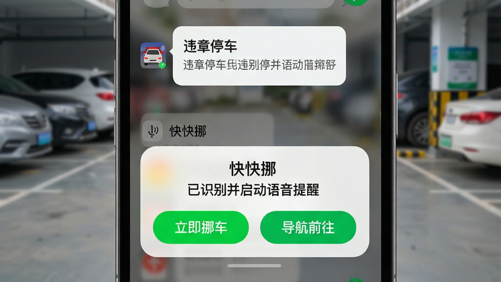 主体:手机屏幕特写,上方显示一条“违章停车”短信通知,下方“快快挪”应用自动弹出“已识别并启动语音提醒”的悬浮窗。布局:手机居中,背景为模糊的停车场环境。排版:短信内容清晰可读,悬浮窗按钮采用高亮绿色。风格:写实、科技感、清晰。细节:悬浮窗上有“立即挪车”和“导航前往”两个按钮,画面干净,画质高清。