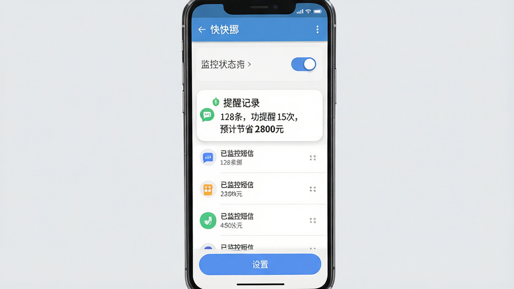 主体:手机应用界面截图,显示“快快挪”主界面,上方为监控状态开关,中间为提醒记录列表,底部为“设置”按钮。布局:界面简洁,卡片式布局,背景为浅灰色。排版:字体清晰,图标圆润,整体风格为Material Design。风格:清爽、现代、易用。细节:界面中突出显示“已监控短信 128条,成功提醒 15次,预计节省 2800元”的数据卡片,画质高清。