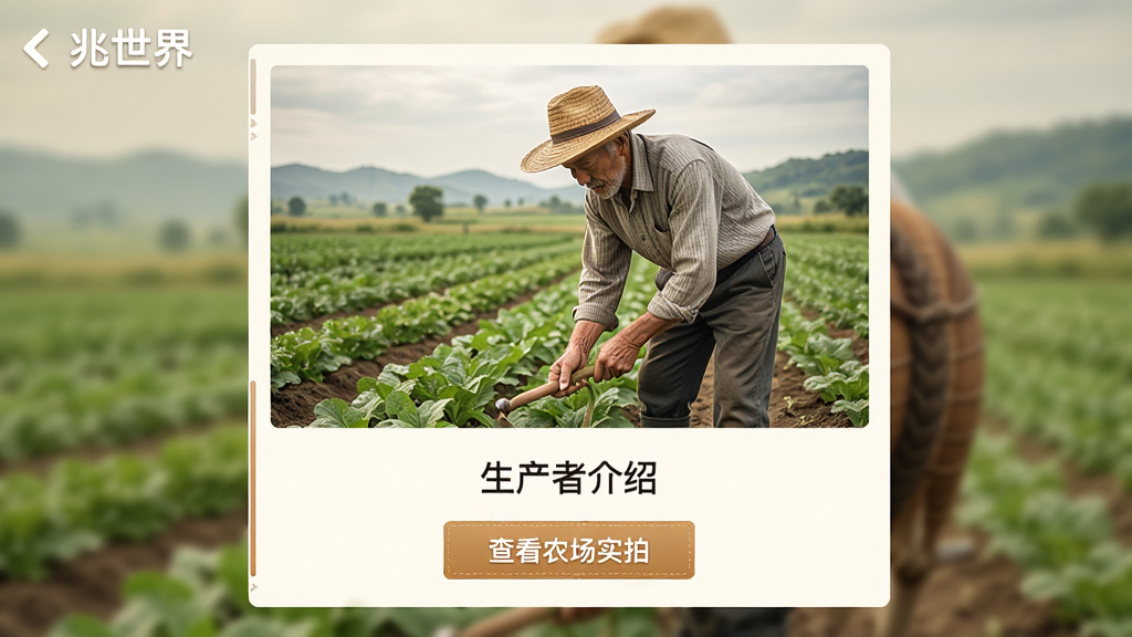 一张“兆世界”界面截图,屏幕显示一位农民在田间劳作的照片,下方有“生产者介绍”字样,以及“查看农场实拍”按钮,背景是自然田园风光,整体风格温馨真实,构图均衡,色彩柔和,画质干净