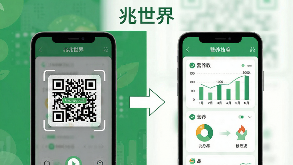 一张“兆世界”操作教程图,画面分为左右两部分,左侧是手机屏幕显示扫码界面,右侧是手机屏幕显示营养图表,中间有箭头指向,背景简洁,采用扁平化设计风格,主色调为绿色和白色,细节清晰,画质干净