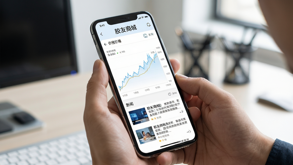 主体:胶友商城App在手机上的实际使用场景,用户正在浏览行情图表。布局:手持手机特写,屏幕显示价格曲线和新闻摘要。排版:简洁,突出“胶友商城”品牌字样。风格:写实摄影风格,背景为办公室环境。细节:屏幕内容清晰可见,手部自然。画质:高清,干净,无多余元素。