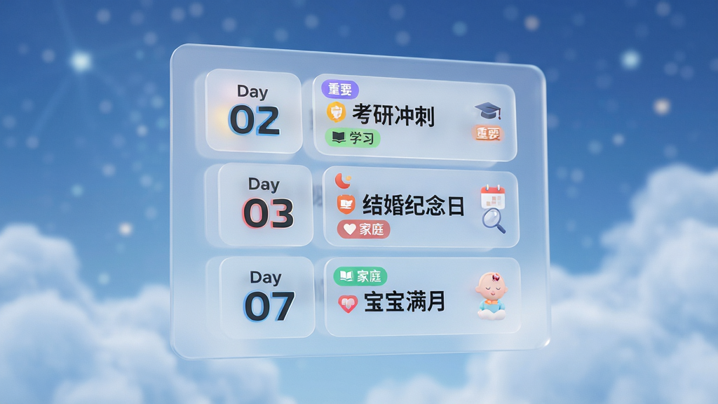 主体:一块悬浮在空中的半透明信息面板,上面以列表形式展现倒计时纪念日Day中的不同事件卡片。布局:画面中心为面板,每个卡片左侧是醒目的数字天数,右侧为事件名称,如“考研冲刺”、“结婚纪念日”、“宝宝满月”。排版:卡片呈垂直排列,相互间有微妙的错位,营造层次感。风格:清爽的毛玻璃拟态风格,背景是模糊的淡蓝色星空与云层,科技感十足。细节:每张卡片上都有不同颜色的小标签,如“重要”、“学习”、“家庭”,并配有迷你图标。画质:高分辨率渲染,光影柔和,画面纯净无文字干扰。