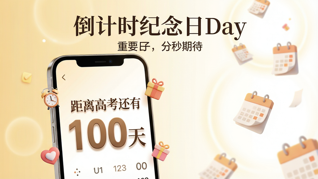 主体:一部亮着屏幕的智能手机,屏幕上清晰展示着倒计时纪念日Day应用的主界面,界面显示“距离高考还有100天”的艺术字。布局:手机位于画面中央偏左,右侧留白区域以柔和的光晕和飘落的日历纸屑作为装饰,营造时间流逝感。排版:主标题“倒计时纪念日Day”以优雅的衬线字体置于画面顶部,下方辅以小字“重要日子,分秒期待”。风格:扁平化结合轻微3D质感,温暖明亮的色调,背景为渐变的淡金色与晨曦白。细节:手机屏幕内的倒计时数字采用大号字体,边缘有细腻的阴影,周围悬浮着小小的闹钟、爱心和礼物图标。画质:4K高清,干净通透,无多余元素。