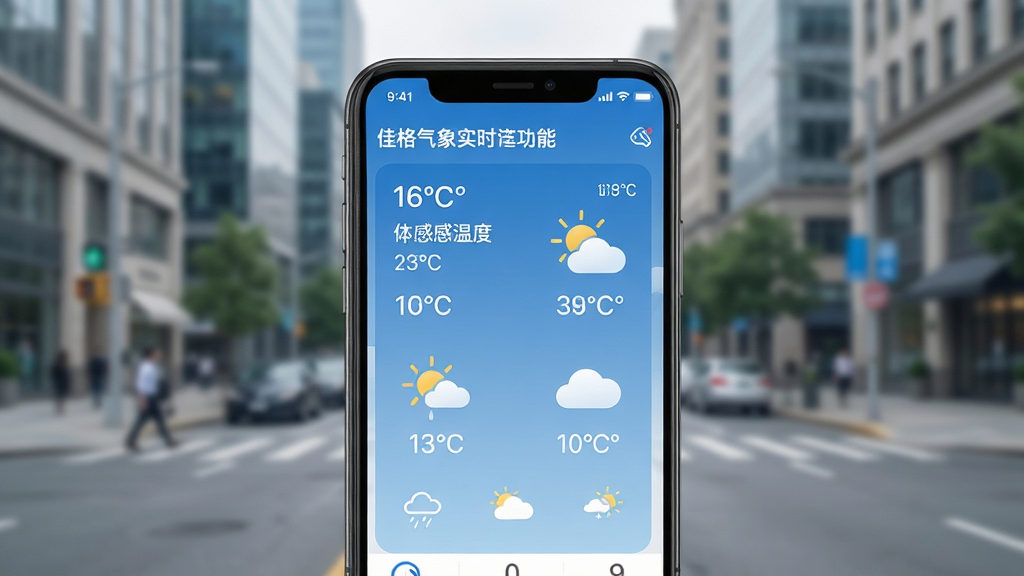 生成佳格气象app实时天气功能展示图,画面主体为手机界面,显示温度、体感温度、天气图标等元素,背景为城市街景,设计风格清新,画质干净无多余元素。