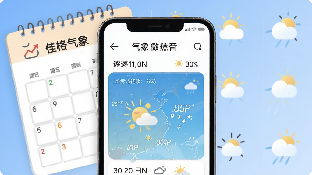 生成佳格气象app预报功能展示图,画面主体为手机屏幕,展示逐小时和30日天气预报界面,背景为日历与天气图标元素,风格简洁,画质干净。