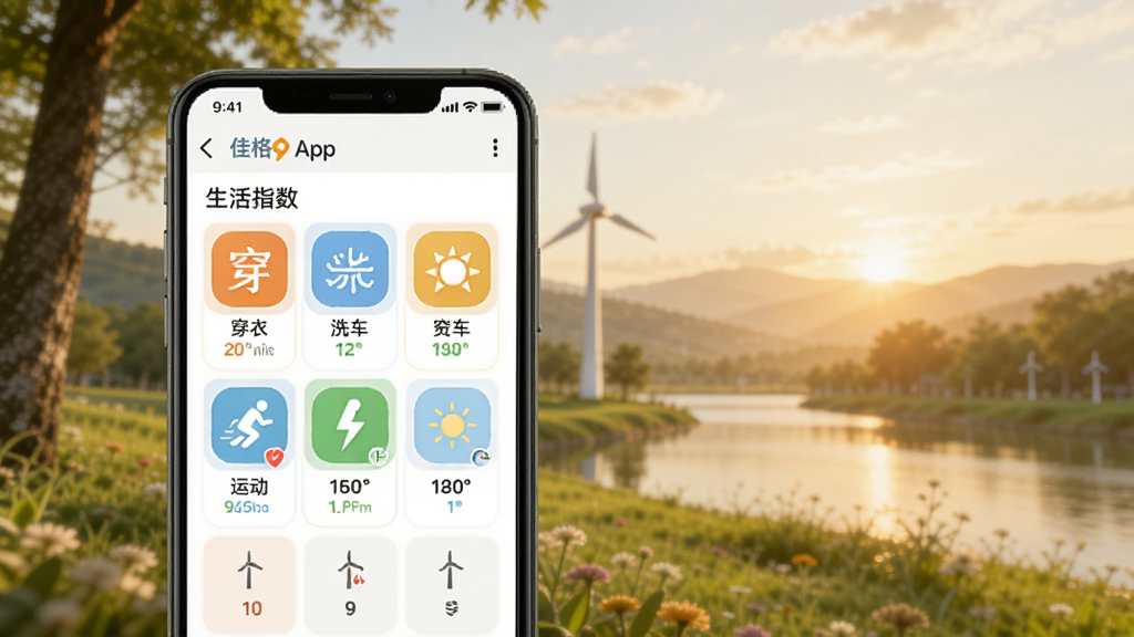 生成佳格气象app生活指数展示图,画面主体为手机界面,显示穿衣、洗车、运动等多种生活指数图标,背景为户外自然场景,风格温馨,画质干净。