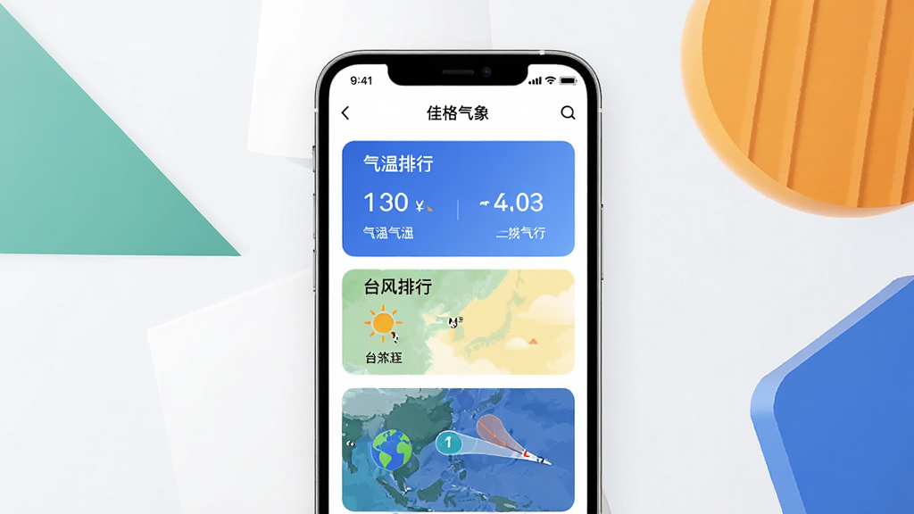 生成佳格气象app工具页面展示图,画面主体为手机屏幕,展示气温排行、空气排行、台风路径等工具入口,背景为简约几何图形,风格现代,画质干净。