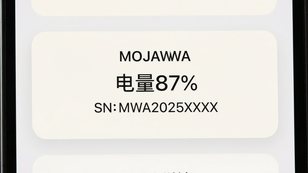 一张手机APP界面截图风格的图片,屏幕中央显示MOJAWA耳机连接状态卡片,上面清晰标注着“电量87%”和“SN:MWA2025XXXX”等字样,界面采用浅色卡片式布局,圆角设计,信息排版整齐,画质干净,聚焦于设备信息展示细节,风格写实清晰