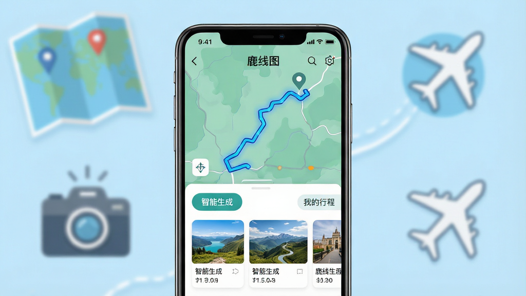一张展示鹿线图手机应用界面全景的营销预览图。主体是一部最新款的大屏智能手机,屏幕内清晰显示着鹿线图APP的行程规划主界面,包含一条高亮显示的智能路线图与下方几个景点卡片。布局以手机为中心,背景是柔和模糊的浅蓝色旅行主题场景,如地图、相机、飞机图标。排版干净专业,采用扁平化设计风格。细节上突出APP界面内的“智能生成”按钮和“我的行程”标签。画质为高清4K渲染,画面干净,无多余元素,图片上的文字为“鹿线图”。
