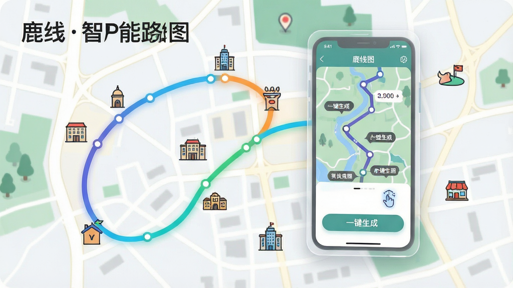 一张功能示意图,主题是鹿线图APP的路线生成过程。主体是一张俯视的抽象城市地图,地图上点缀着多个景点小图标。一条醒目的彩色曲线自动串联起各个景点,曲线旁边悬浮着一块半透明的手机界面框,框内显示“鹿线图”APP的路线规划页面。布局采用地图为背景,界面框作为核心视觉点的构图。排版风格为信息图表样式,简洁直观。细节上突出“一键生成”的按钮和路线的时间节点标注。画质干净清晰,无多余元素,图片上的文字为“鹿线图智能路线”。
