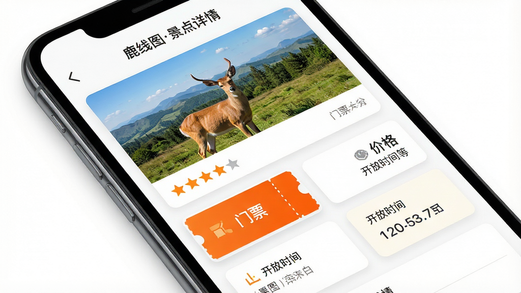 一张展示信息查询功能的应用截图设计图。主体是手机屏幕的近距离特写,屏幕占据画面80%,背景为纯白色。屏幕内展示鹿线图APP的某一个景点详情页,页面包含景点高清大图、星级评分、门票价格、开放时间等信息卡片。布局以列表形式纵向排列,信息层级分明。排版风格简洁清晰,突出数据化的信息展示。细节上重点高亮显示“门票”和“开放时间”两个字段。画质高清,图片文字为“鹿线图景点详情”。