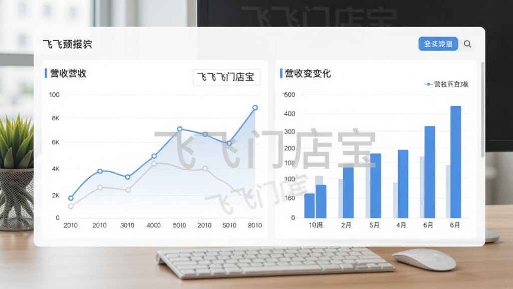 飞飞门店宝经营报表页面,折线图和柱状图展示营收变化,背景为办公桌面,数据清晰,包含“飞飞门店宝”水印,画质高清新净