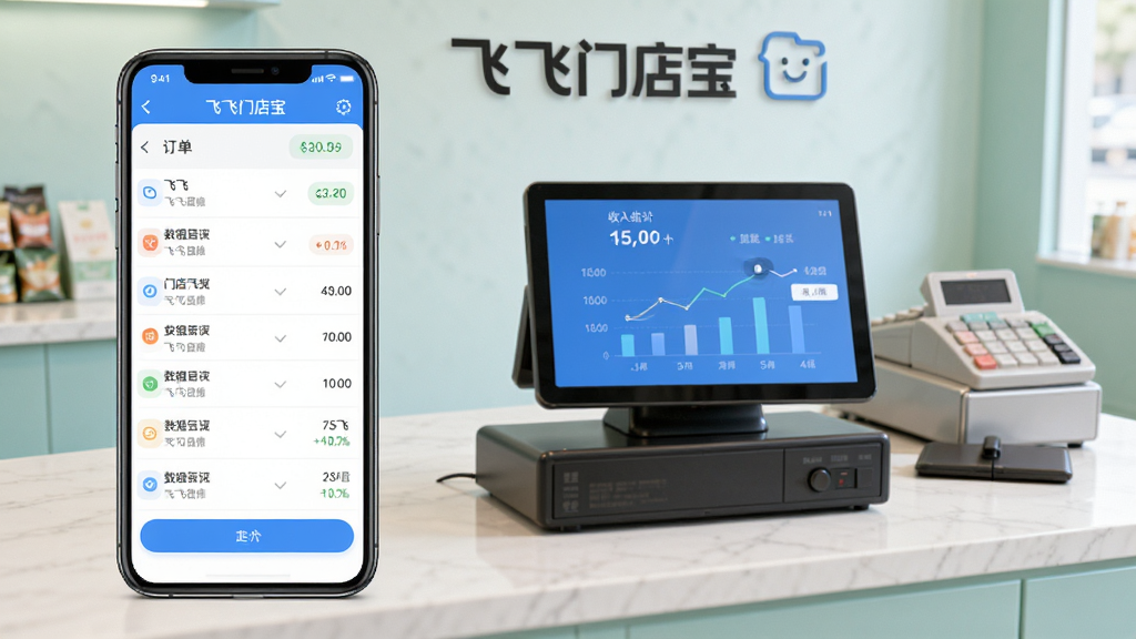 飞飞门店宝收银记账功能界面,显示订单列表和收入统计图表,手机界面设计简洁,数据可视化,背景为整洁的收银台,包含“飞飞门店宝”文字标识,画面高清干净