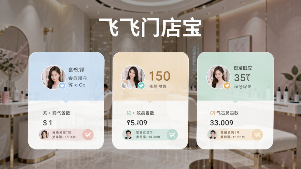 飞飞门店宝会员管理页面,展示会员头像、等级和积分信息,卡片式布局,色彩柔和,背景为虚化的美容院环境,突出“飞飞门店宝”名称,画质干净专业