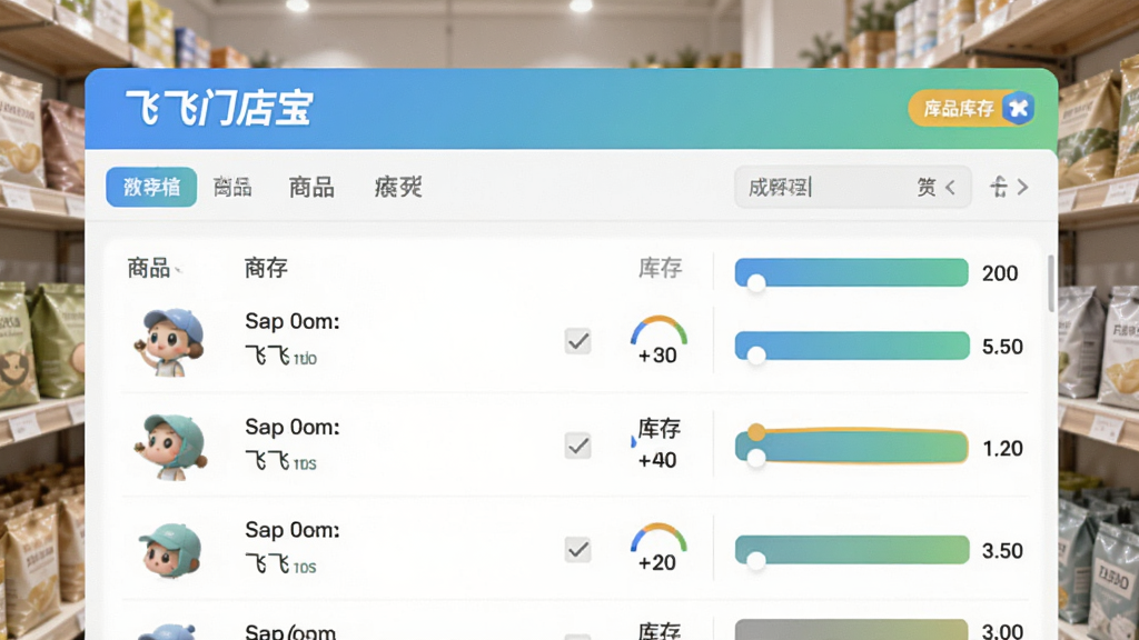 飞飞门店宝商品库存界面,显示商品列表和库存数量条,背景为货架,界面简洁,突出“飞飞门店宝”品牌,色彩清新,画质干净