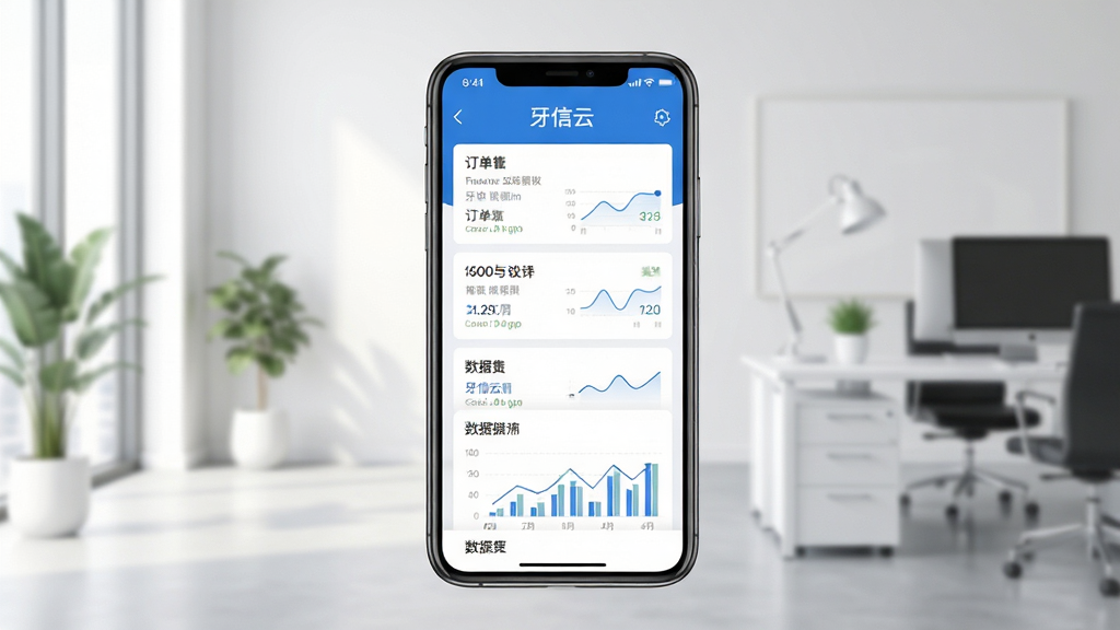 牙信云App主界面展示,智能手机屏幕内显示订单列表与数据图表,背景为现代简约办公室场景,界面布局清晰,蓝白主色调,扁平化设计风格,细节丰富,画质高清干净,无多余元素