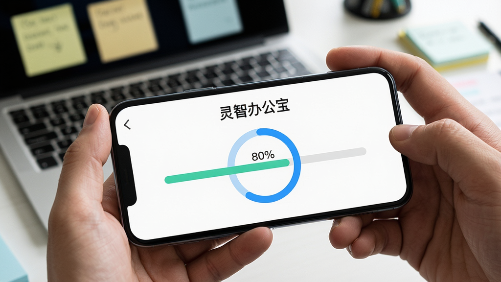 一张智能手机横屏握持的特写,屏幕显示“灵智办公宝”的文件转换进度界面,进度条处于80%位置,界面有蓝色圆形进度动画。手机背景是模糊的办公桌,有笔记本电脑和便签纸。整体画面生动,体现移动办公的便捷与高效,风格写实自然,细节清晰,画质高清。