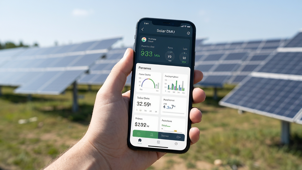 主体是用户手持手机使用Solar DMU应用,背景为户外光伏电站,布局自然,排版生活化,风格真实,细节包括屏幕上的数据界面,画质高清干净无多余元素