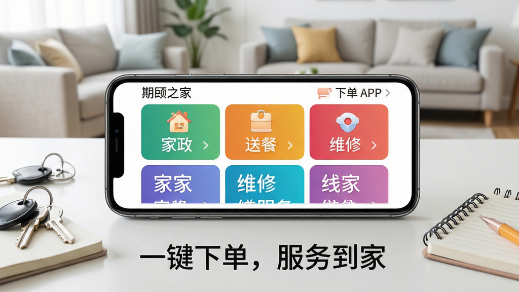 ���壺������֮�ҡ�APP�����µ�����չʾ����Ļ����ʾ�������Ͳ͡�ά�޵ȷ���Ƭ������Ϊ�����������ִ����������֣��ֻ�ƽ�������棬��Ļ���ϣ���Χɢ����Կ�ס����±���С����������·����С�һ���µ������񵽼ҡ����֡��Ű棺����Ƭ���������У�ɫ��������ȷ�������ҵ��Ӱ��񣬻�������������ϸ�ڣ���Ƭͼ�꾫�£������׶������ʣ����壬�ɾ��޶���Ԫ�ء�