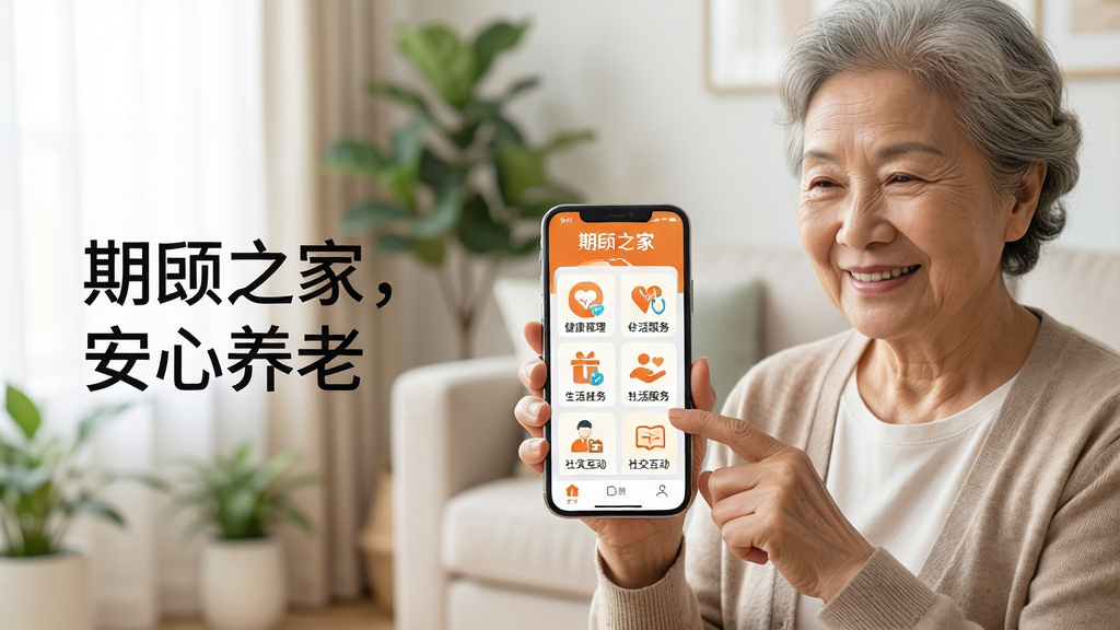 ���壺һλ���΢Ц�������û��ֳ������ֻ�����Ļ����ʾ������֮�ҡ�APP�����棬������ů��ɫ�Ͱ�ɫΪ��ɫ��������������������������罻����������ͼ�ꡣ���֣��ֻ�λ�ڻ�������ƫ�ң��û���ָ�ᴥ��Ļ��������ײ����С�����֮�ң��������ϡ��������Ű棺������죬ͼ���������룬����Ϊ���ŵľӼҿ�����������ֲ��׺�����дʵ��Ӱ�����ܰ�����������Ȼ�⡣ϸ�ڣ��������������ɱ棬�û�����������ã����ξӼ����ʡ����ʣ�������4K���ɾ��޶���Ԫ�ء�