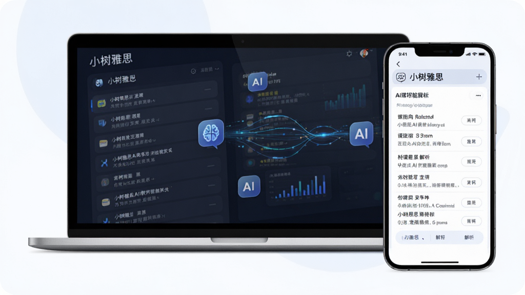 小树雅思AI教学功能展示图,主体为笔记本电脑与手机并排,屏幕显示“小树雅思”AI课程生成界面,包含题目列表与解析,布局为左右分栏,排版整齐,风格现代教育风,细节有AI图标与数据流动线条,画质清晰,干净无多余元素。