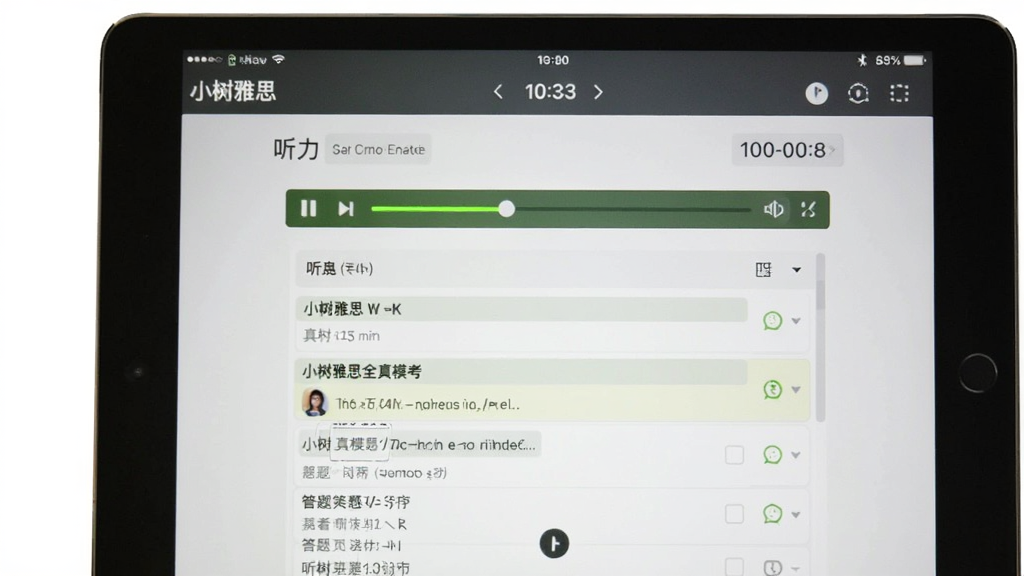 小树雅思全真模考界面截图,主体为平板电脑显示“小树雅思”模拟考试页面,包含听力播放条与答题卡,布局为纵向滚动,排版紧凑,风格模拟真实机考,细节有倒计时与题目高亮,画质细腻,干净无多余元素。