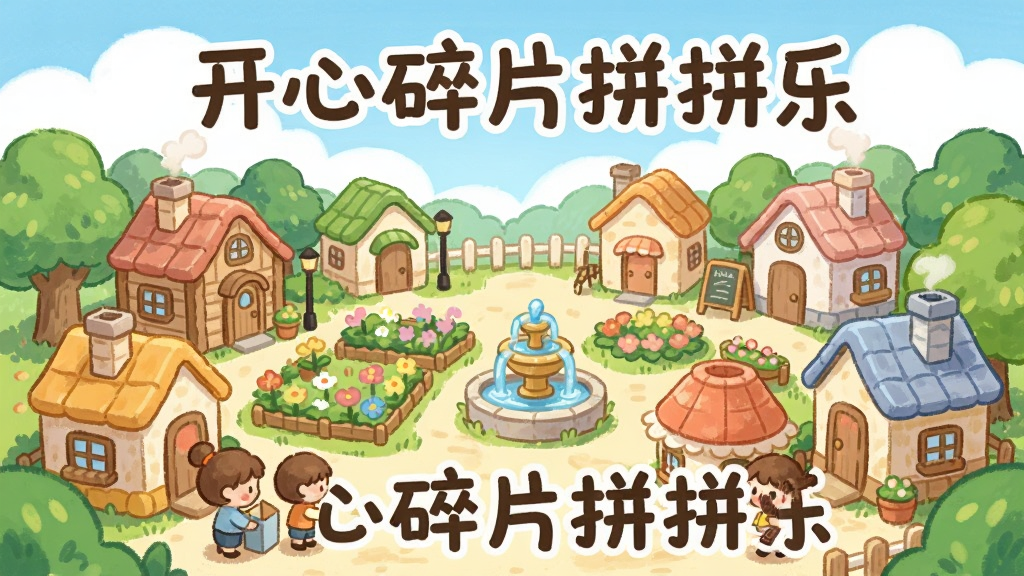 画面中央展示一座色彩柔和、风格治愈的卡通小镇全景,前景有可爱小人正在摆放建筑,背景是蓝天白云与绿树,小镇包含小木屋、花园、喷泉等元素,整体构图饱满,排版层次分明,采用清新手绘风格,细节精致,画质干净明亮,无多余元素,图片中标注文字“开心碎片拼拼乐”