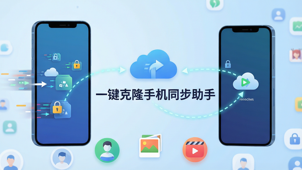 主体:一部智能手机屏幕显示数据飞速传输动画,旁边另一部手机同步接收,界面简洁,中央显示“一键克隆手机同步助手”字样和云朵与箭头图标。布局:双手机左右呼应,背景为淡蓝色渐变,下方有联系人、照片、视频等图标悬浮。排版:主体突出,图标环绕,文字置于视觉中心。风格:扁平化插画风,色彩明快,科技感。细节:传输线为发光虚线,数据包带有锁形标识。画质:高清,干净,无多余元素。