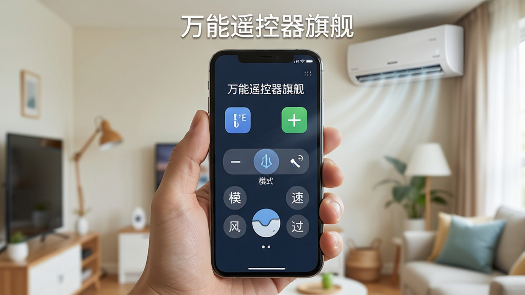 画面主体为一部手机被握在手中,屏幕显示“万能遥控器旗舰”的空调控制界面,界面上有温度加减、模式切换、风速调整等虚拟按键,背景为空调正在运转的室内场景。布局采用手持视角,自然亲和。排版清晰,功能图标直观。风格生活化,光线明亮,细节丰富,画质高清,干净无多余元素,屏幕上方显示“万能遥控器旗舰”字样。