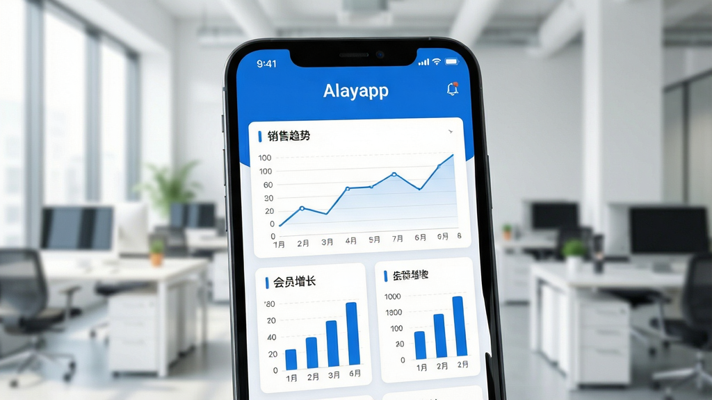 一张智能手机屏幕特写,屏幕中央清晰显示Alayapp的主界面仪表盘,界面风格现代简洁,采用蓝白企业色搭配,上方有“Alayapp”字样,下方展示销售趋势折线图、会员增长柱状图等可视化数据卡片,手机背景为虚化的现代办公室环境,光线明亮,构图主体突出,排版专业,商业科技风格,细节清晰,画质干净,无多余元素