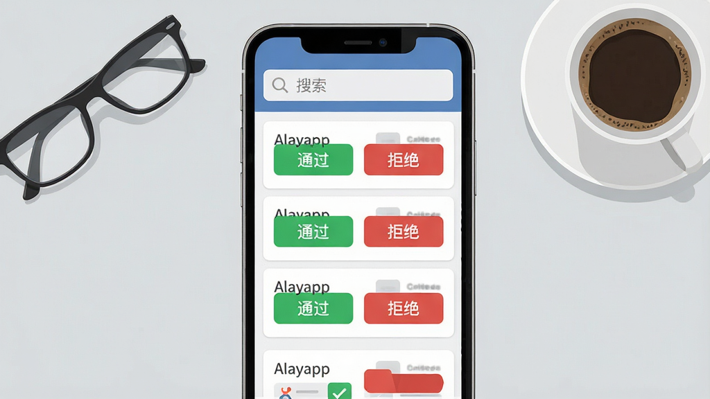 一张手机界面截图风格图片,屏幕内展示Alayapp的审批流程列表,每条审批单带有绿色“通过”和红色“拒绝”按钮,上方有搜索栏,背景为浅灰色办公桌面,放有眼镜和咖啡杯,构图平稳,扁平化UI展示风格,界面元素排版整齐,高清画质,干净无杂物