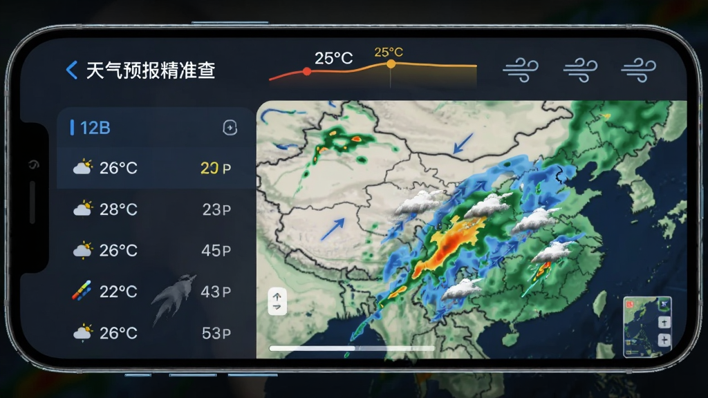 主体:智能手机横屏展示“天气预报精准查”实时天气雷达图,图中用色块显示降雨区域,顶部有温度曲线和风力图标,布局为左右分栏,左侧数据列表右侧地图,风格为科技感UI设计,细节突出降水云团移动方向,画质清晰干净无多余元素。