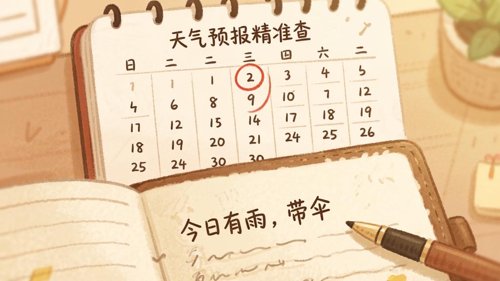 主体:“天气预报精准查”应用日历记事页面,日历下方有便签纸和笔,纸上写着“今日有雨,带伞”的汉字,布局为上下结构,日历在上、记事本在下,风格为温馨手绘风,细节包括日期红圈标记、记事本纸张纹理,画质柔和干净无多余元素。