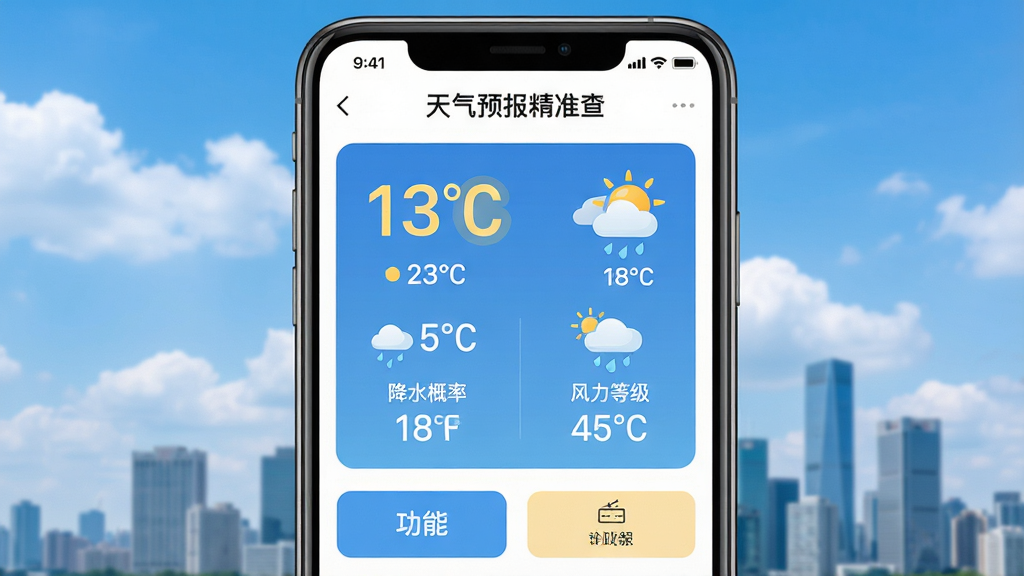 主体:手机屏幕展示“天气预报精准查”应用界面,背景为蓝天白云与城市景观,界面清晰显示温度、降水概率、风力等级等数据,布局为上下结构,上方天气信息下方功能按钮,排版简洁明了,风格为扁平化现代设计,细节包括温度数字高亮、天气图标生动,画质高清干净无多余元素。