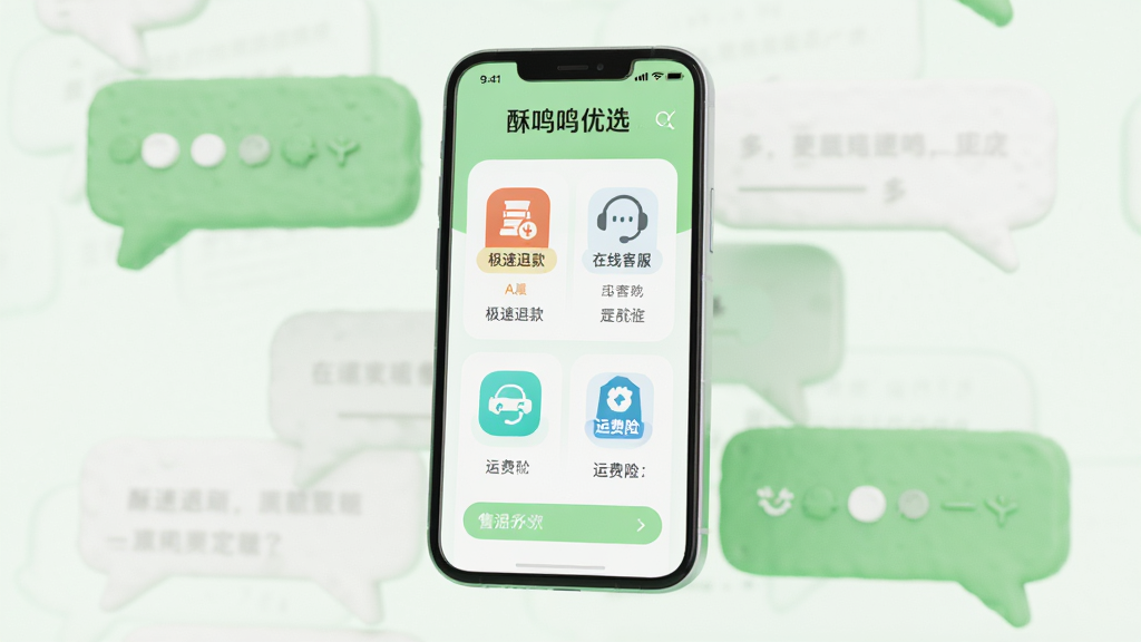 画面主体为“酥鸣鸣优选”App的售后服务界面截图,界面显示“极速退款”“在线客服”“运费险”等图标,背景为淡绿色与白色相间的对话气泡元素,手机模型悬浮在中央,整体采用3D渲染风格,布局清晰,排版有序,画质高清,干净无多余元素