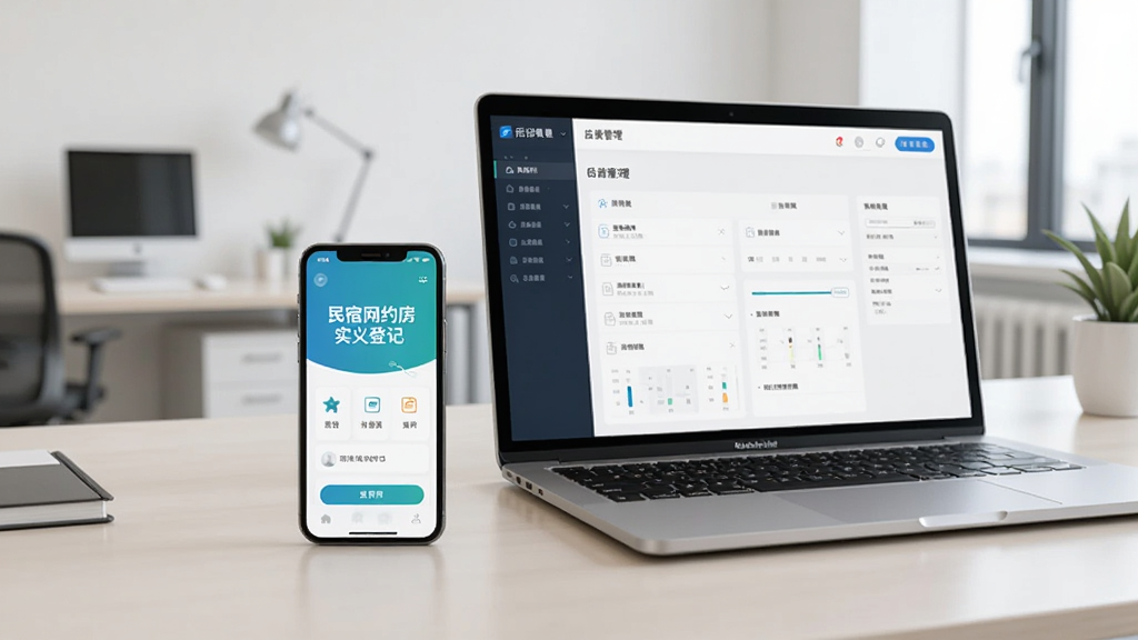 主体为一部手机和一台笔记本电脑并排放在桌面上,手机屏幕显示民宿网约房实名登记APP,电脑屏幕显示后台管理界面,背景为简洁的办公室环境,风格写实,布局清晰,画质干净,无多余元素
