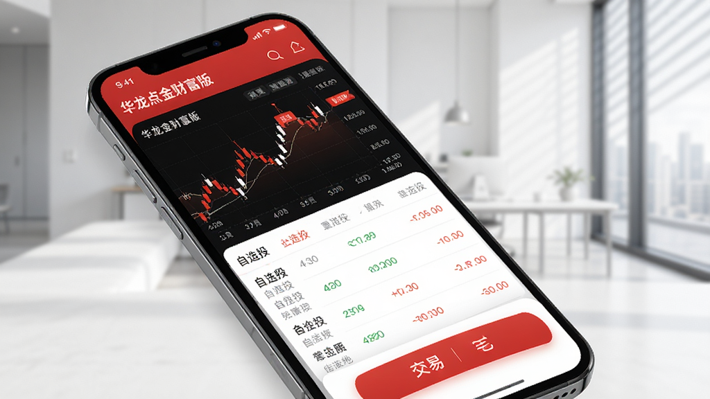 画面展示华龙点金财富版在智能手机上的主界面,界面包含股票行情图表、自选股列表、交易按钮等元素,背景为现代简约风格,主色调为红色和白色,布局清晰,排版整齐,界面风格专业且亲和,画质高清,干净无多余元素。